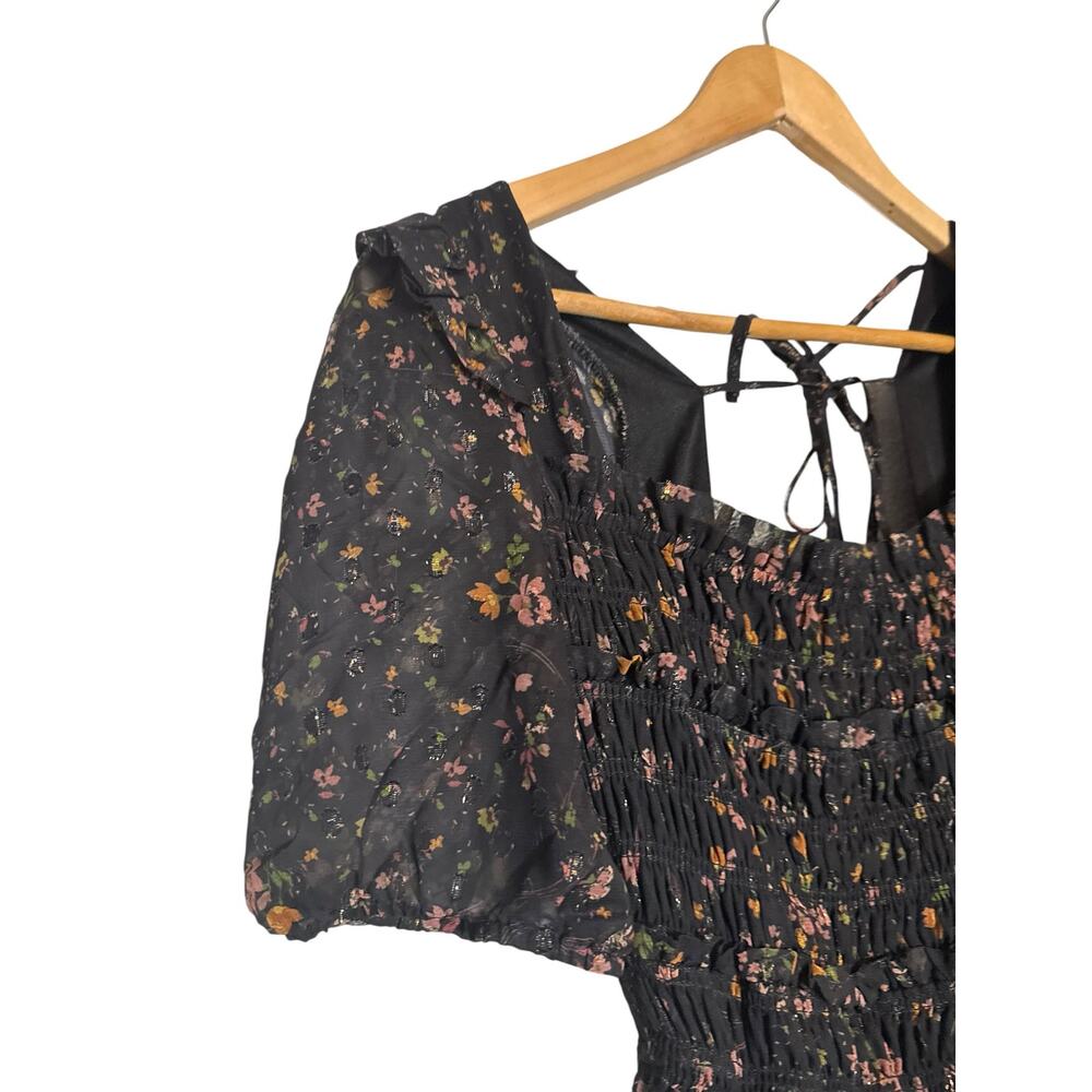 Slate & Willow Black Floral Print Chiffon Puff Sleeve Smocked Maxi Dress Small - Picture 4 of 13